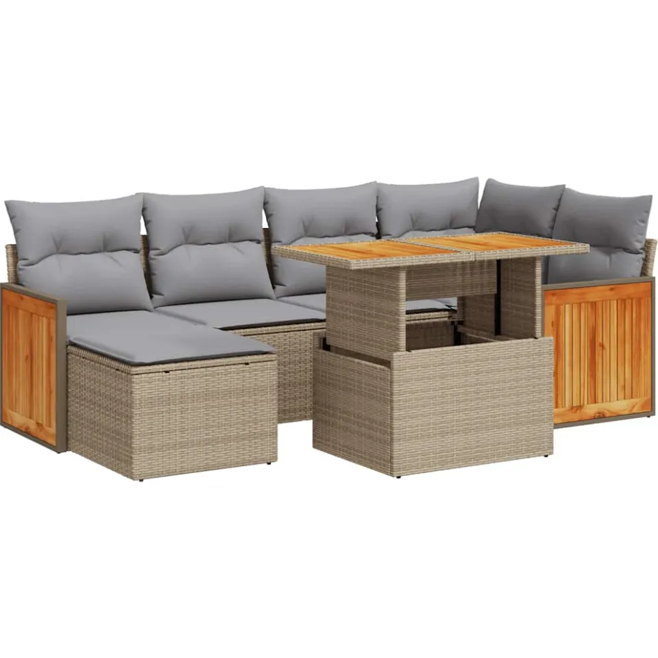 vidaXL 7-delige Loungeset met kussens poly rattan acacia beige, foto 3