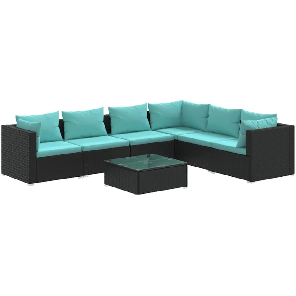 vidaXL 7-delige Loungeset met kussens poly rattan zwart, foto 3