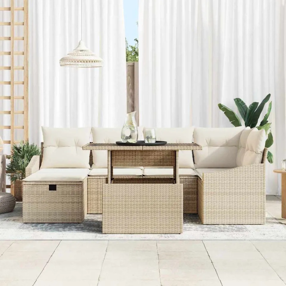 vidaXL Tuin Sofa Set 7 st Beige poly rattan, foto 2