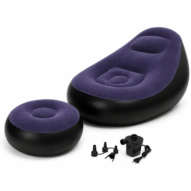 Xenovia Luxury Opblaasbare Sofa - Blauw - Opblaasbare Stoel incl. Voetenbankje & Elektrische Pomp - Opblaasbare Zetel - Opblaasbare Fauteuil Met Velours Toplaag - Inflatable Sofa / Chair - Ideaal voor op de Camping - Reparatiepatch Inbegrepen Nacht Blauw