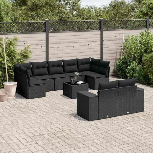 vidaXL 10-delige Loungeset met kussens poly rattan zwart, foto 2