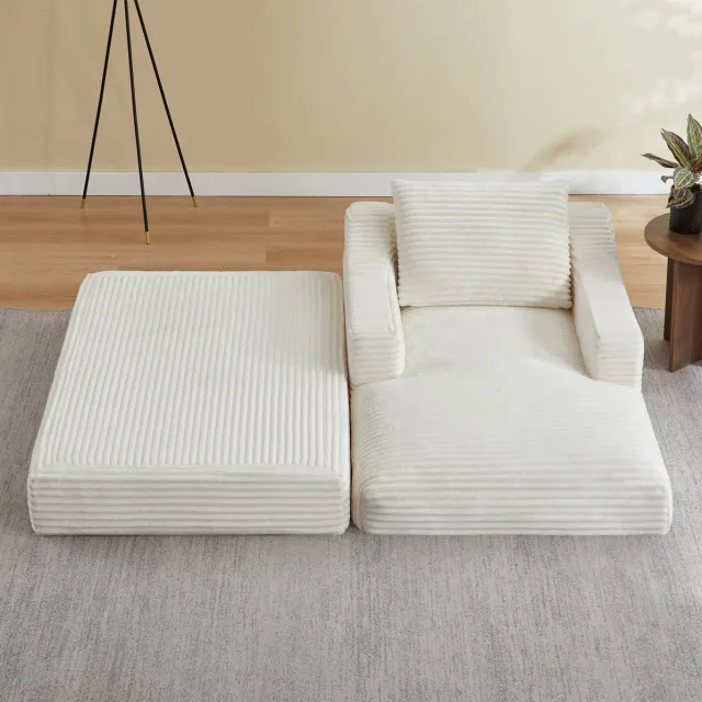 REDOM Fauteuil - Uitklapbare 1-zits loungestoel - Dubbele laag - Bedfunctie - Corduroy bekleding - Woonkamer en slaapkamer - Foam - Wit - 100 x 160 x 85 cm