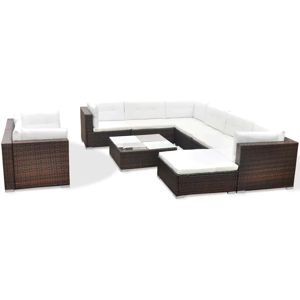 vidaXL 10-delige Loungeset met kussens poly rattan bruin, foto 3