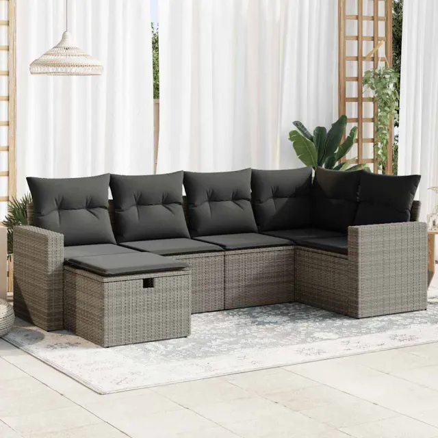 vidaXL 6-delige Loungeset met kussens poly rattan grijs, foto 2