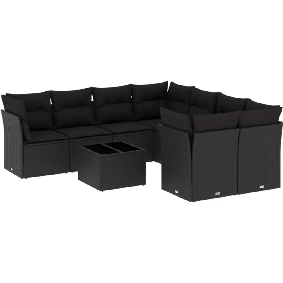 vidaXL 9-delige Loungeset met kussens poly rattan zwart
