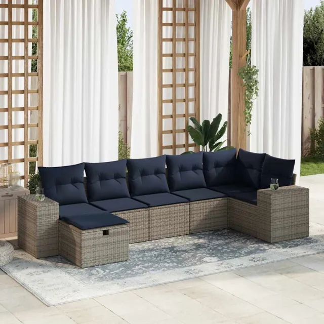 vidaXL 7-delige Loungeset met kussens poly rattan grijs, foto 2