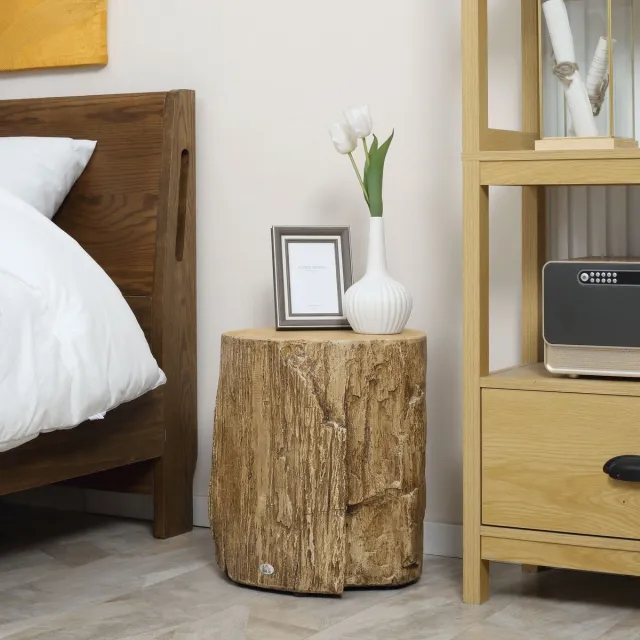 MODFU Bijzettafel In Boomstamlook - Verstelbare Voeten - Rustieke Stijl - Voor Woonkamer En Slaapkamer - Beton - Naturel - Ø37 X 43 Cm Natuurlijk hout
