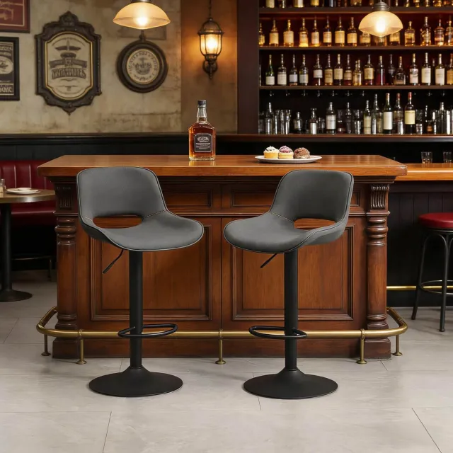 OKWISH Barkruk Set Van 2 - Draaibaar En In Hoogte Verstelbaar - Met Rugleuning Voor Bar En Keuken - Metaal En Stof - Grijs Gray