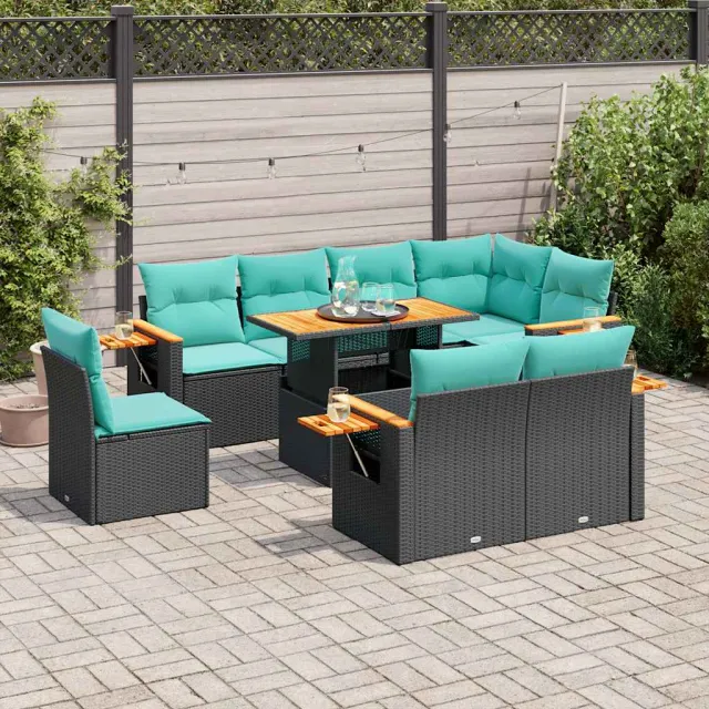vidaXL 9-delige Loungeset met kussens poly rattan acacia zwart, foto 2