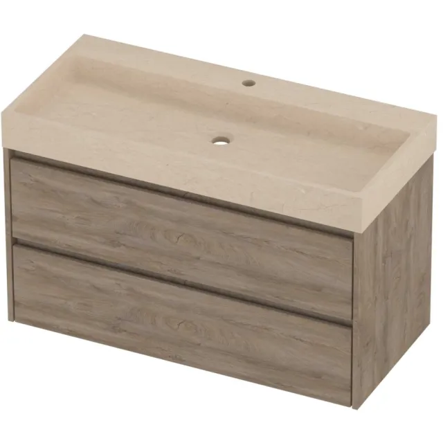 Proline Evoli Badmeubelset Hardsteen Loft 1 Kraangat Symmetrisch 100x46x62 cm Sand Stone Raw Oak Eiken