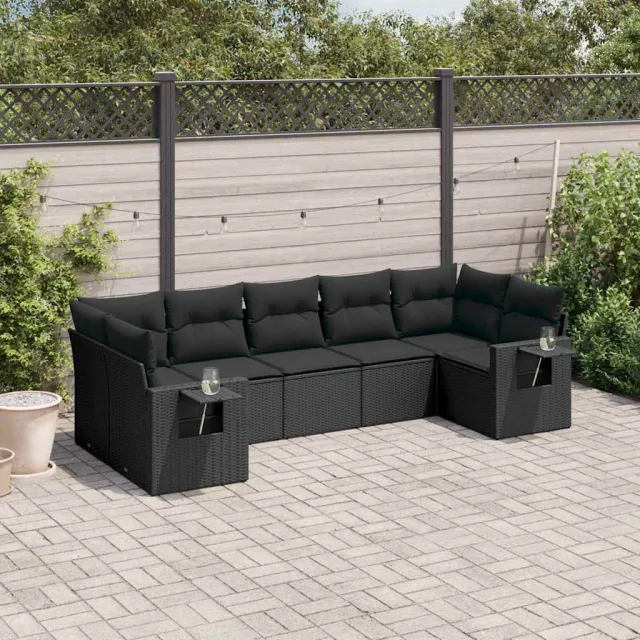 vidaXL 7-delige Loungeset met kussens poly rattan zwart, foto 2