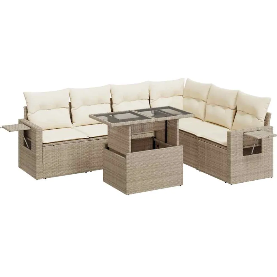 vidaXL 7-delige Loungeset met kussens poly rattan beige, foto 3