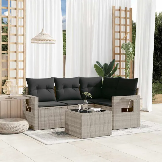 vidaXL 5-delige Loungeset met kussens poly rattan lichtgrijs grijs, foto 2