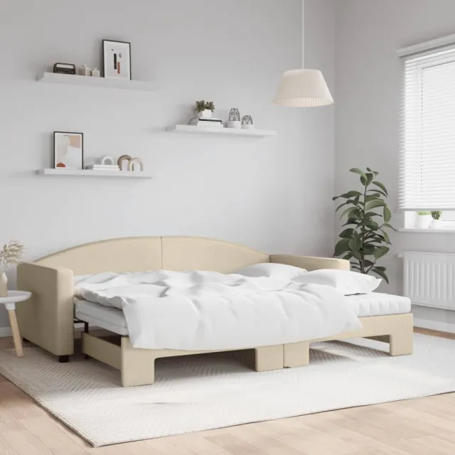 vidaXL Slaapbank met onderschuifbed en matrassen 90x200 cm stof crème