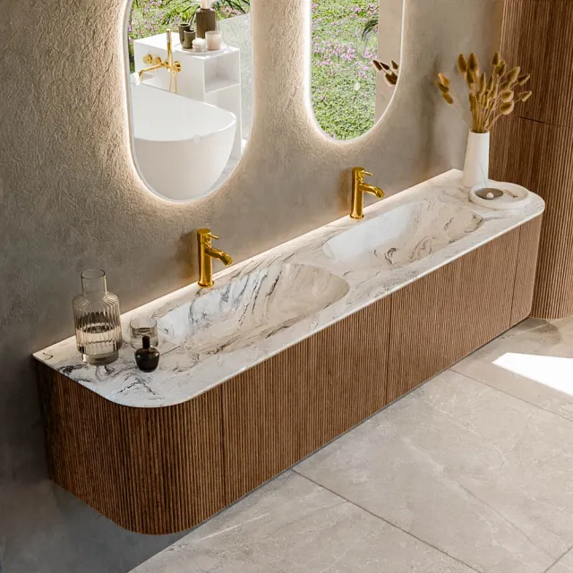 Mondiaz KURVE-DLUX 190 cm Onderkast Greeploos 2 Lades Met Deuren Walnut, Wastafel Solid Surface Dubbel Glace 2 Kraangaten Zonder Spiegel (KRVSTS190L+R2L2D2KD-Wal/Gla)