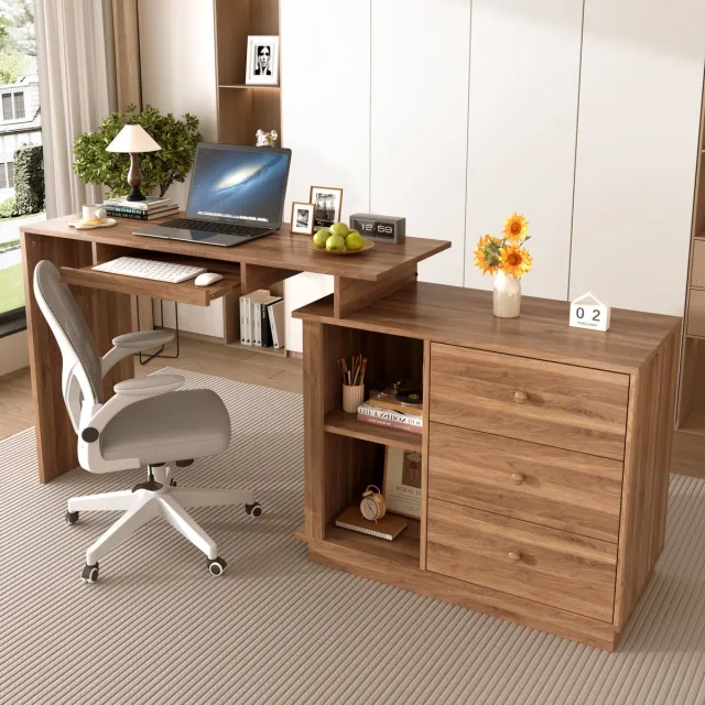 DESMIU Bureau - Uitrekbaar Multifunctioneel Met Toetsenbordlade En 3 Lades - Voor Thuiswerk En Studeren - MDF - Walnoot - 110 Cm Walnut
