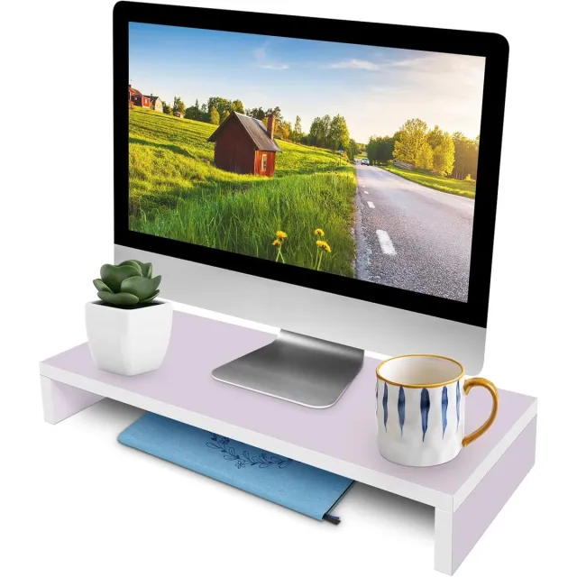 Famanu Monitorstandaard - Titaanwit - bureau-opzetstuk - hout - computermonitor - standaard - schermverhoging - bureauorganizer voor monitor - laptop - tv