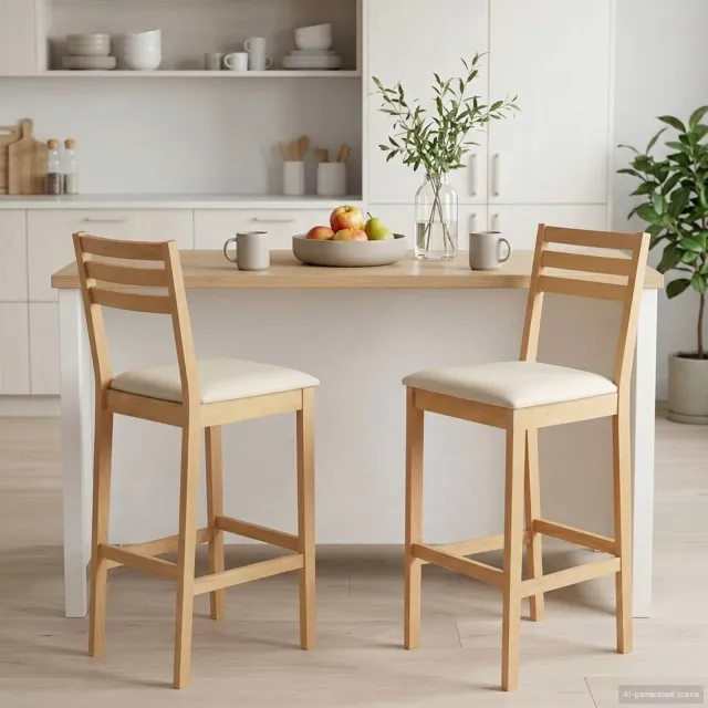 vidaXL Barkruk 2 st Natuurlijk en Beige Massief Rubberhout en Stof, foto 2