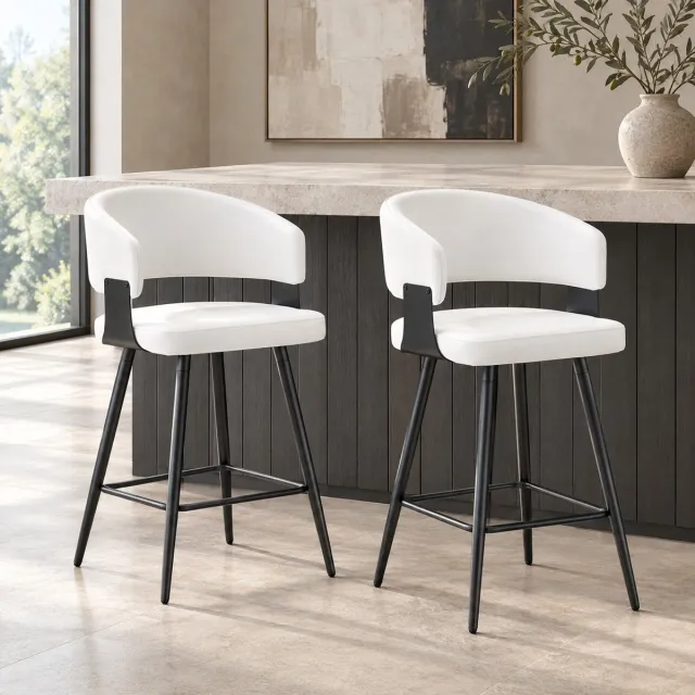 REDOM Barkrukset van 2 - Rugleuning en voetsteun - Kunstleren zitting - Metalen onderstel - Keuken en bar - Wit - 52 x 47 x 94,5 cm