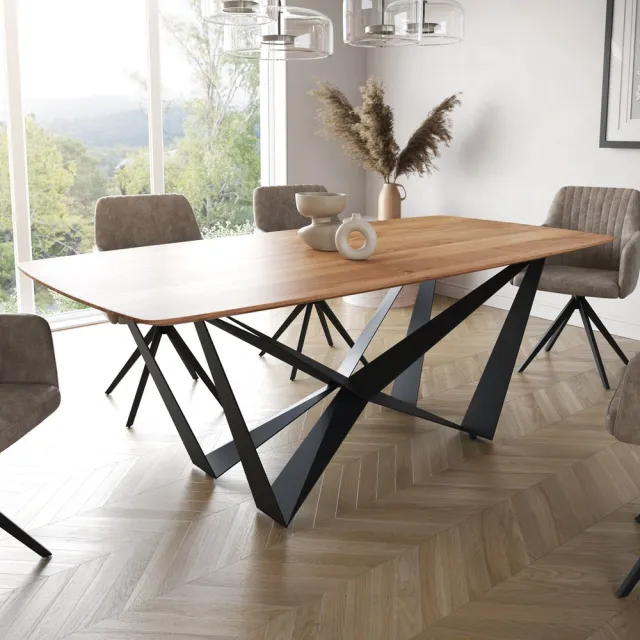 DELIFE Eetkamertafel Edge Boot acacia natuur 200x100 Spider staal zwart Zwitserse rand Bruin