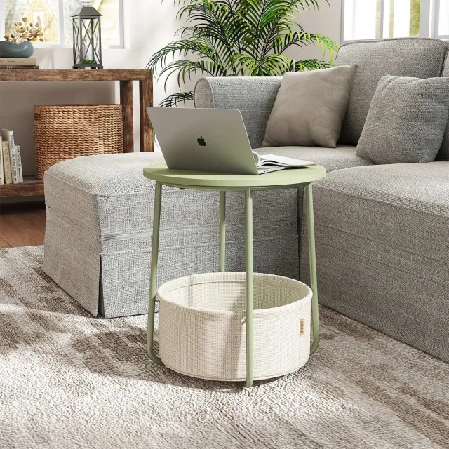 Songmics Ronde bijzettafel – Hout en stof – Ebbenhoutzwart en leigrijs – Modern design met opbergmand Beige