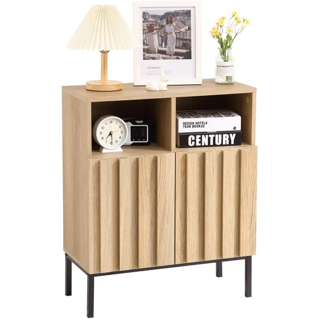 Danky Sideboard Buffet Met Geribbelde Deuren - Verstelbare Planken En Metalen Poten Voor Hal - Woonkamer En Keuken - Eiken + Zwart - 60x30x73cm