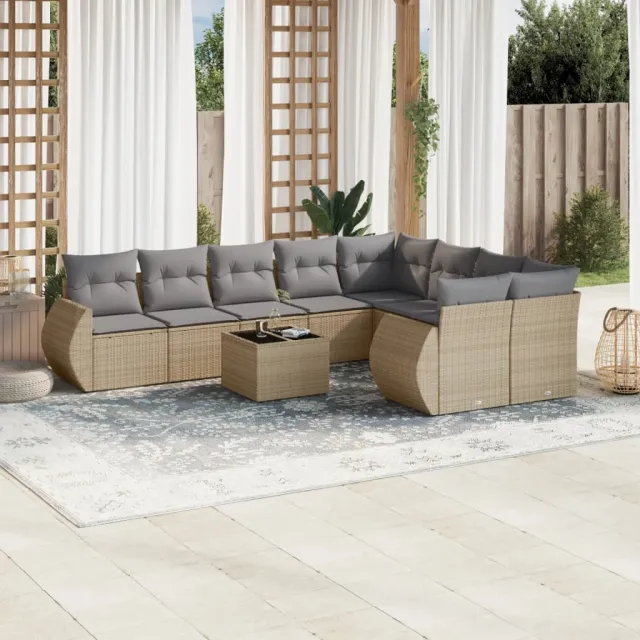 vidaXL 10-delige Loungeset met kussens poly rattan beige, foto 2