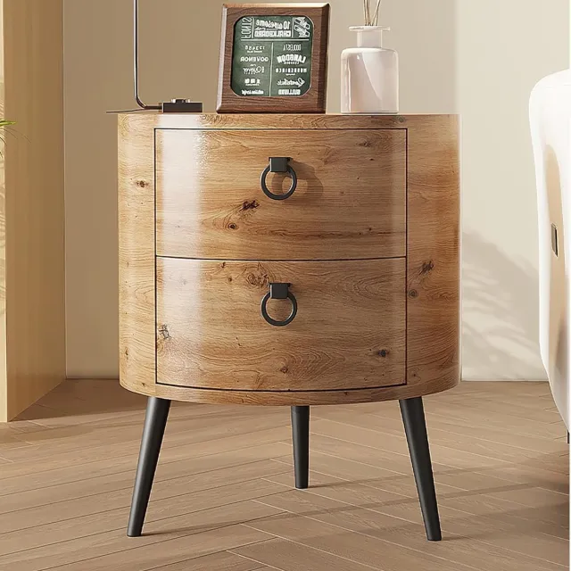 Danky Ronde Bijzettafel & Nachtkastje - 47 cm - Met 2 Lades - Industrieel Design - Natuurlijke met Zwarte Metalen Poten - 55 cm Hoog