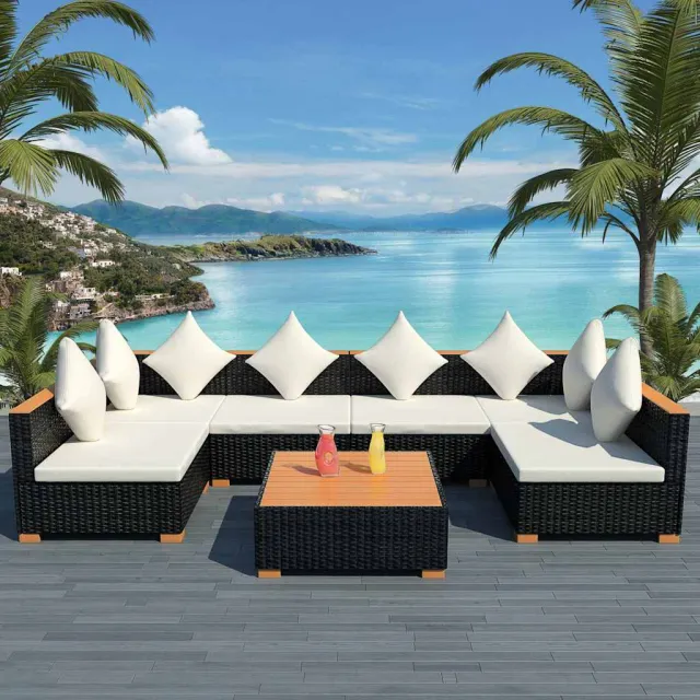 vidaXL 7-delige Loungeset met kussens poly rattan zwart, foto 2