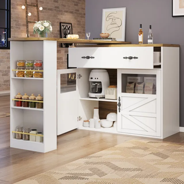WUVRIE Uitschuifbare bartafel 138-204x39x104 cm - 360° draaibaar met opbergruimte - Wit