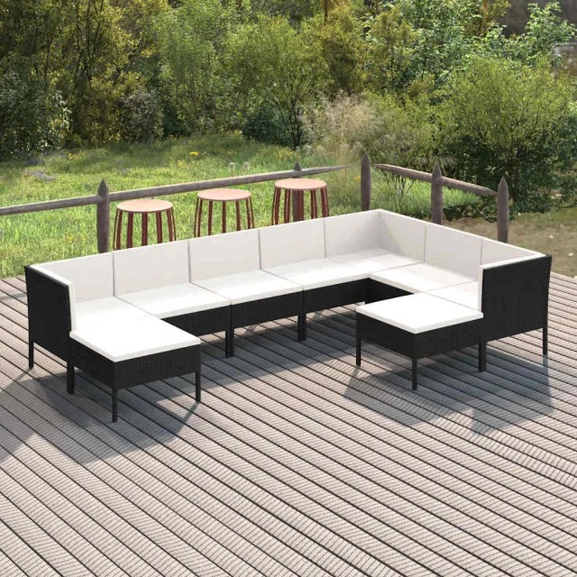 vidaXL 9-delige Loungeset met kussens poly rattan zwart, foto 2