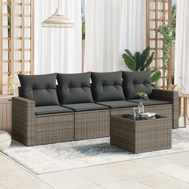 vidaXL 5-delige Loungeset met kussens poly rattan grijs, foto 2