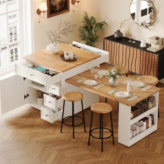 Maisentiel Uitschuifbaar keukeneiland op wielen – 120-184 x 70 x 94 cm – wit