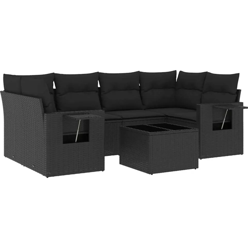 vidaXL 7-delige Loungeset met kussens poly rattan zwart