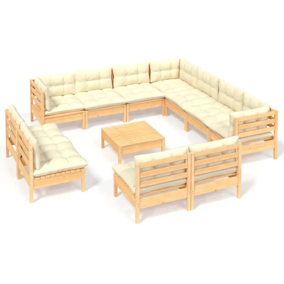 vidaXL 12-delige Loungeset met crèmekleurige kussens grenenhout, foto 3