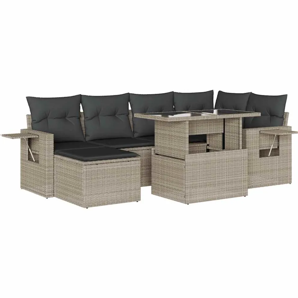 vidaXL 7-delige Loungeset met kussens poly rattan lichtgrijs grijs
