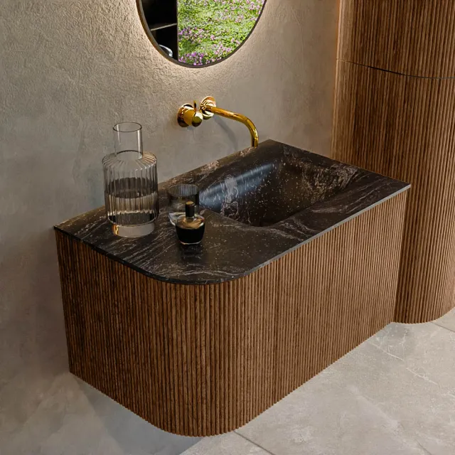 Mondiaz KURVE-DLUX 75 cm Onderkast Greeploos 1 Lade Met Deuren Walnut, Wastafel Solid Surface Rechts Lava 0 Kraangaten Zonder Spiegel (KRVGRU75L1L1D0KR-Wal/Lav)