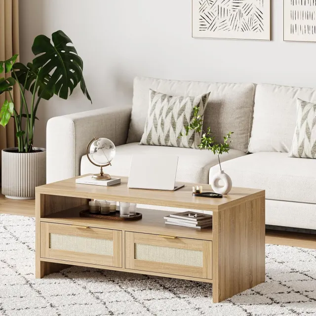 Danky Boho Salontafel met Rotan Lades - Eiken Look Koffietafel met 2 Laden en Open Vak - Mid-Century Modern - 102 x 50 x 45 cm