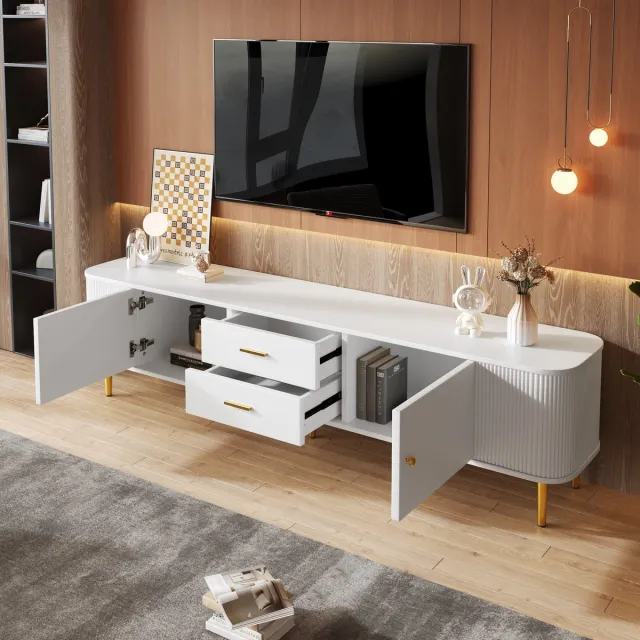 MODENUIT Tv-meubel - 2 Lades En 2 Deuren - Voor Woonkamer - MDF Wit Met Goudkleurige Grepen En Poten - 170x34x45 Cm