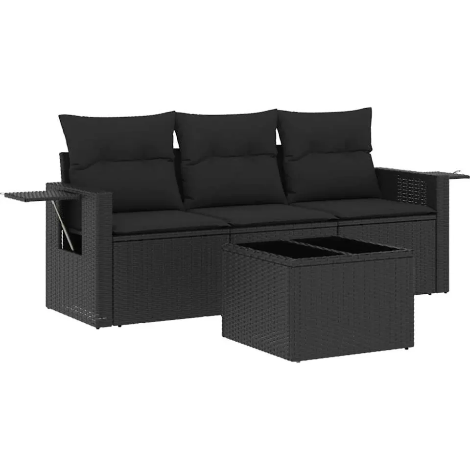vidaXL 4-delige Loungeset met kussens poly rattan zwart