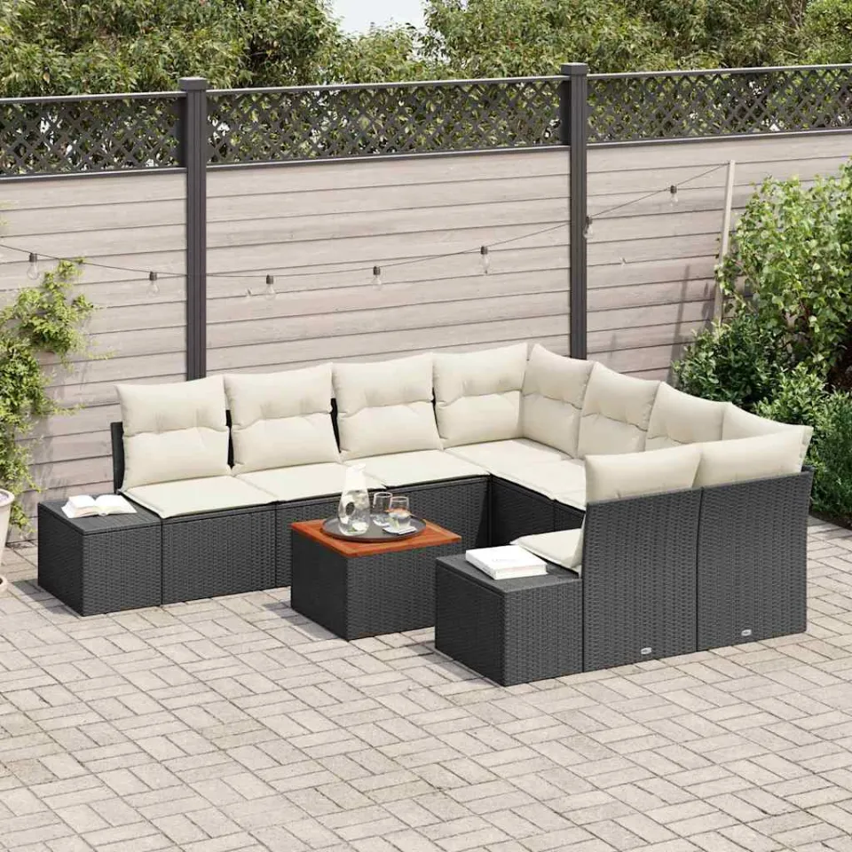 vidaXL Tuinbankenset 9 st Zwart en Crème poly rattan, foto 2