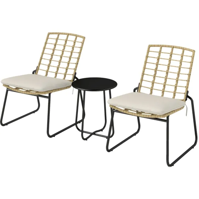 Gutent Loungesets - Balkonset - 3 Delig - 2 Personen - 2 Stapelbare Stoelen - 1 Tafel - Incl Kussens - Ratten - Weerbestendig - Beige Bruin