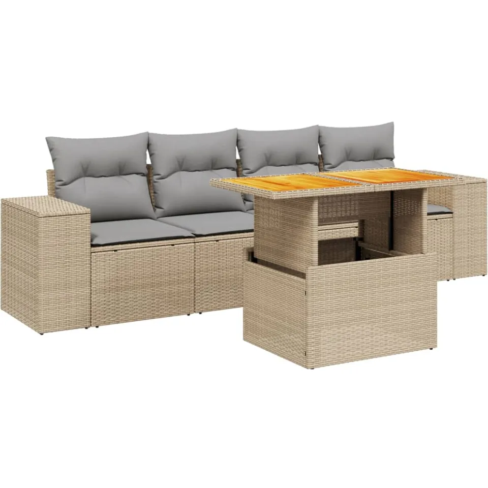 vidaXL 5-delige Loungeset met kussens poly rattan beige, foto 3