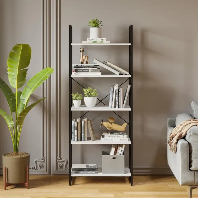 Mrs. Jones Boekenkast 5 niveaus vloerstaande boekenplank houten plank en metalen frame boekenrek display opbergrek rekken voor woonkamer thuiskantoor witte boekenplank met ruime opbergmogelijkheden .