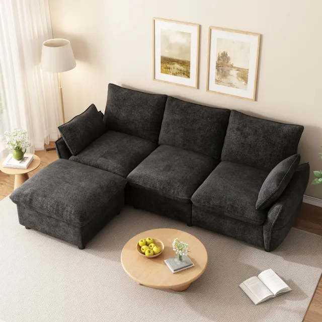 MIVRAY Hoekbank 222,5 x 154,5 x 76,5 cm - L Vorm Met Hocker En 2 Kussens - Voor Woonkamer En Appartement - Chenille - Donkergrijs