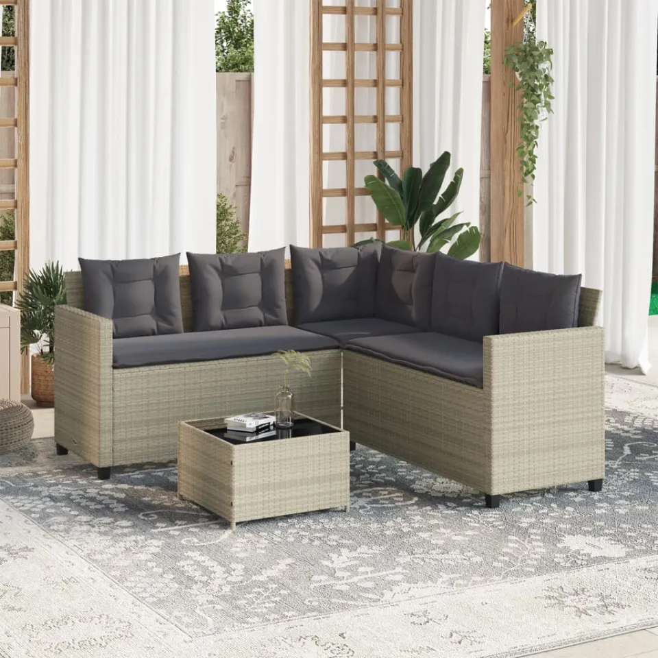 vidaXL Tuinbank met tafel en kussens L-vormig poly rattan lichtgrijs grijs, foto 2