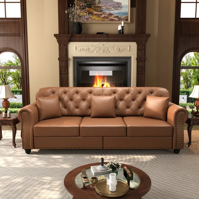 MODENUIT Chesterfield Bank 210 cm - 3-Zits Met Hocker En Knoopafwerking - Woonkamer - Kunstleer - Bruin