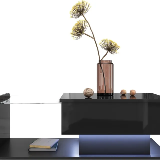 Merax Verstelbare Salontafel - Hoogglans Zwart - Met Gehard Glas en Ledverlichting - Opbergruimte - 100 x 50 cm