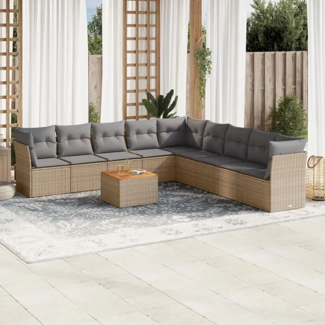 vidaXL 10-delige Loungeset met kussens poly rattan beige, foto 2