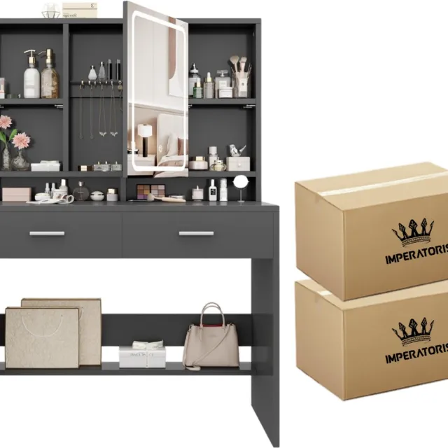 Imperatoris Make-up Tafel met Spiegel en LED Verlichting – Verstelbare Helderheid, 3 Lichtkleuren, 2 Lades en Open Opbergruimtes – Moderne Make-up Bureau voor Slaapkamer (Zwart) Black